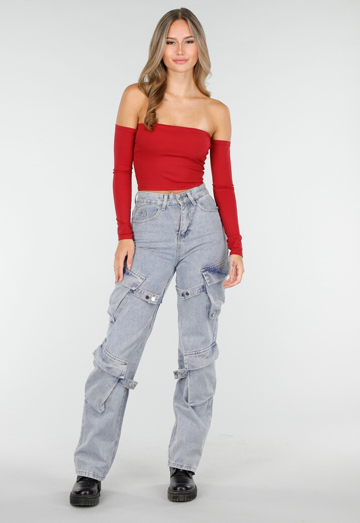 Lichtblauwe Cargo Jeans met Zakken, Lussen en Washed Look