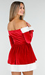 Rood Kerstjurkje met Witte Bies en Off Shoulder
