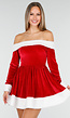 Rood Kerstjurkje met Witte Bies en Off Shoulder