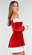 Rood Kerstjurkje met Witte Bies en Off Shoulder