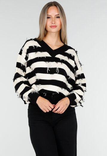 Zwart Beige Gestreepte Trui