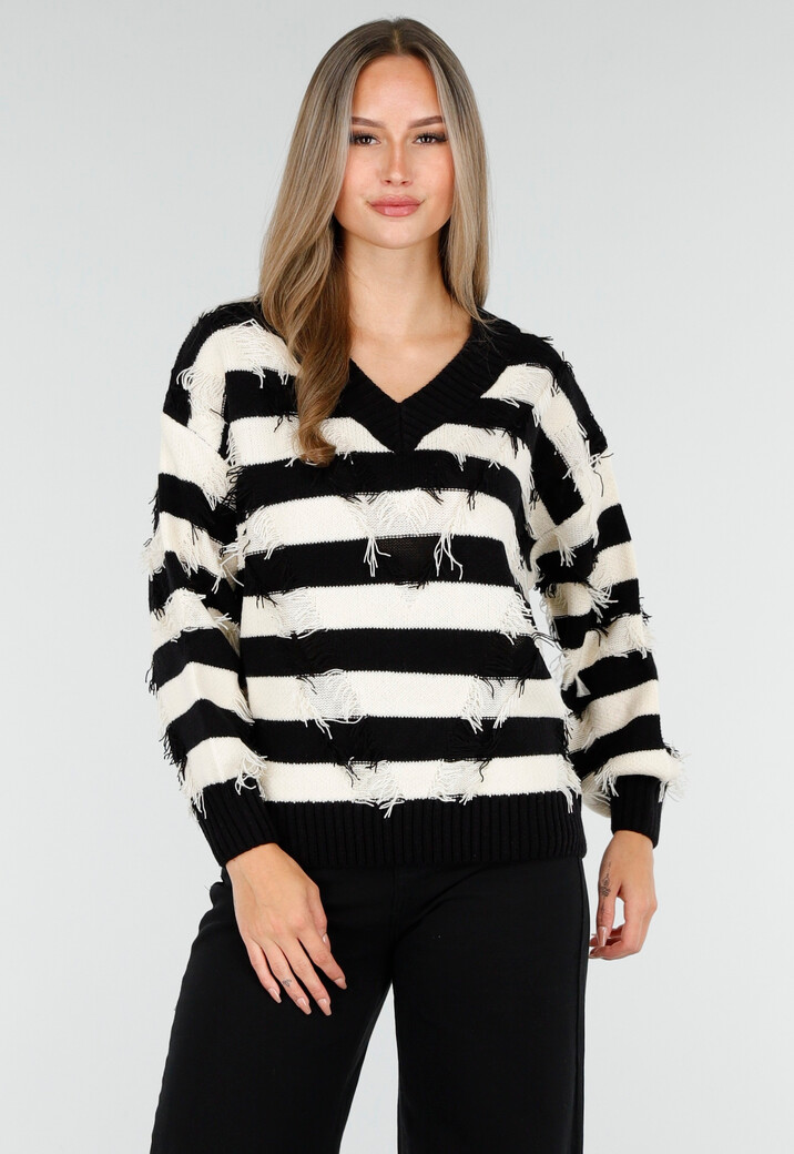 Gestreepte Trui met V-Hals en Rafel Details