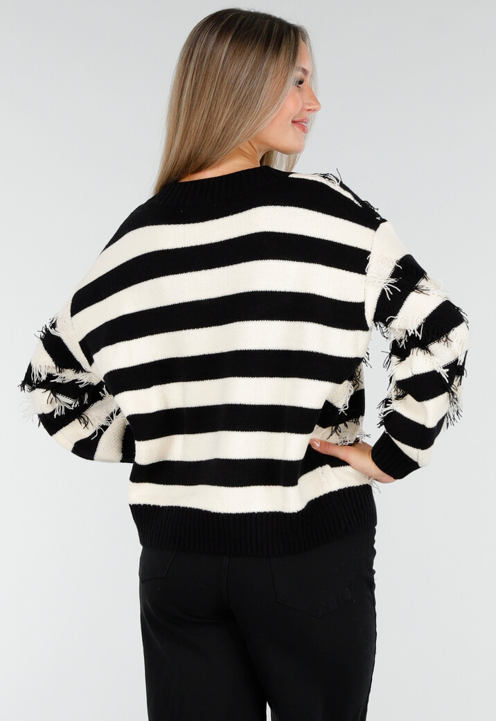 Gestreepte Trui met V-Hals en Rafel Details