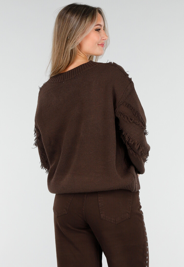 Bruine Trui met V-Hals en Rafel Details