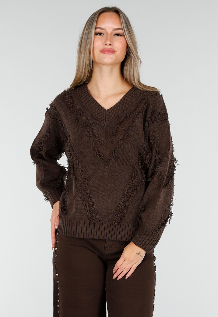 Bruine Trui met V-Hals en Rafel Details