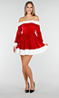 Rood Kerstjurkje met Witte Bies en Off Shoulder