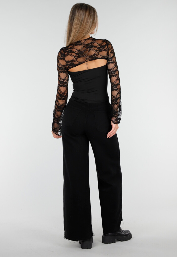 Zwarte Top met Kant, Stretch en Cut-Out Detail