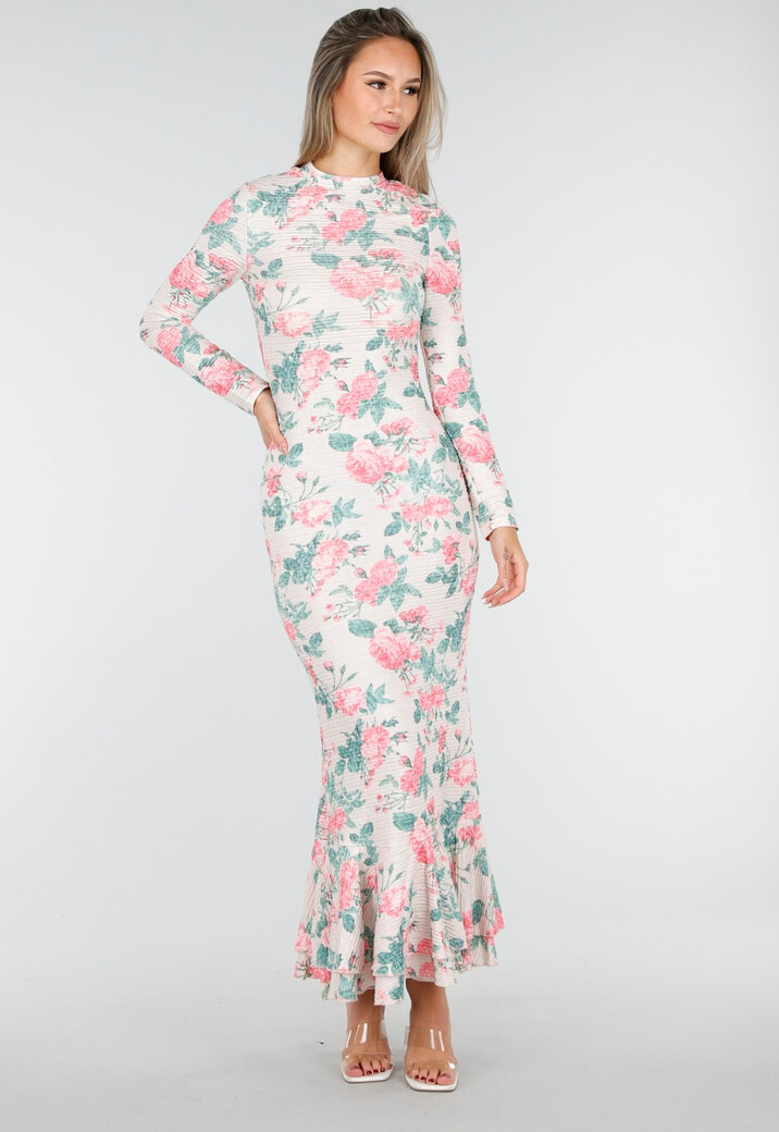 Roze Groene Bloemenjurk met Lange Mouwen