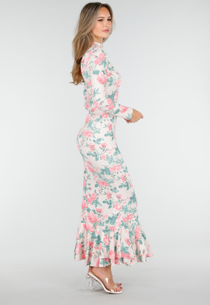 Roze Groene Bloemenjurk met Lange Mouwen