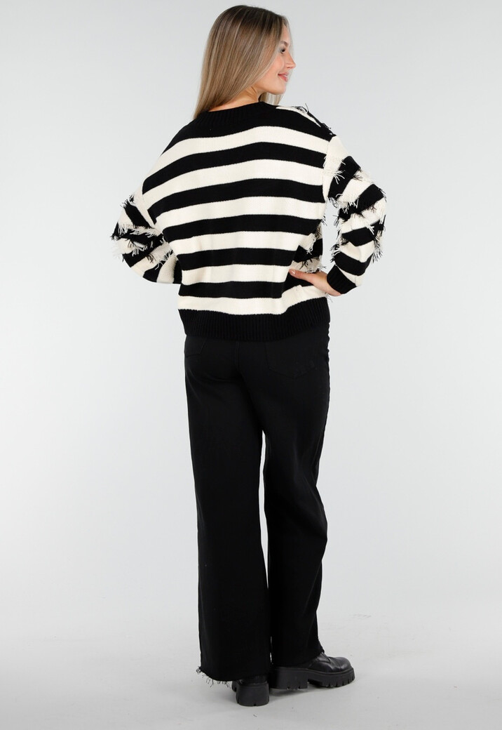 Gestreepte Trui met V-Hals en Rafel Details