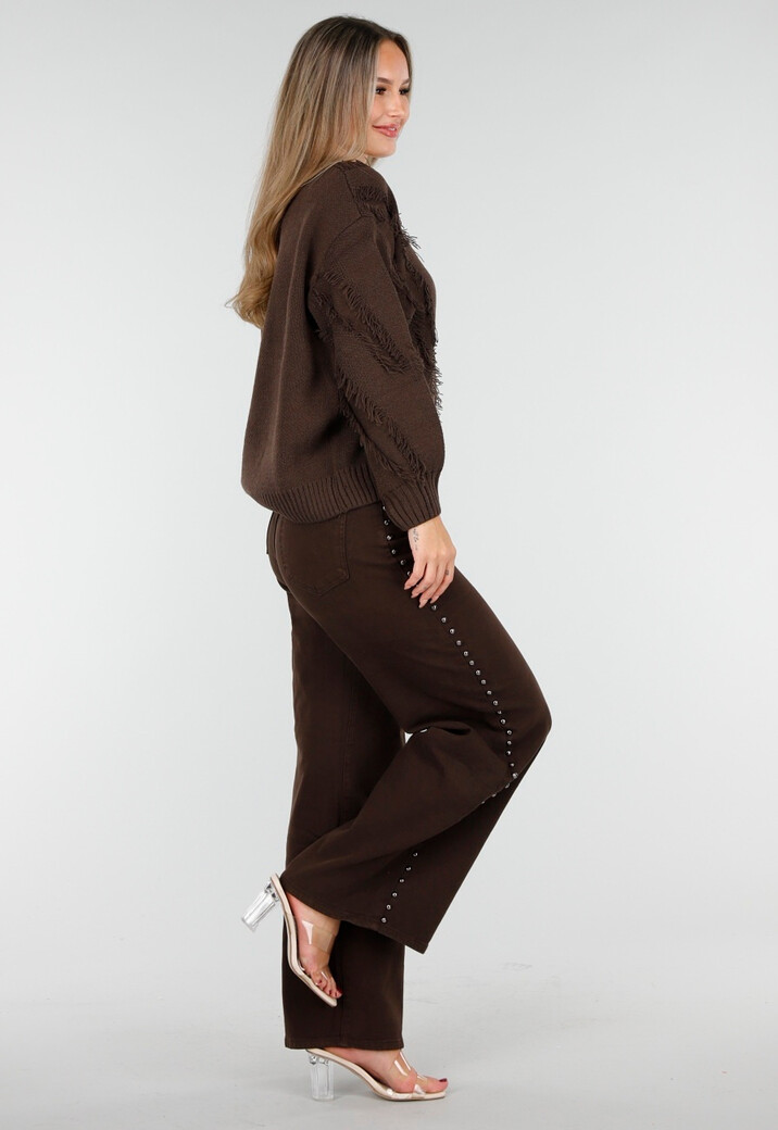 Bruine Trui met V-Hals en Rafel Details