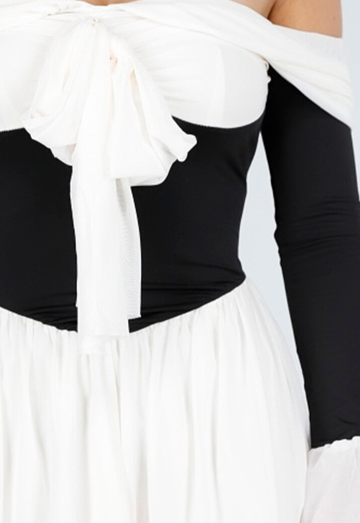 Zwart Beige Off Shoulder Jurk met Strikdetail