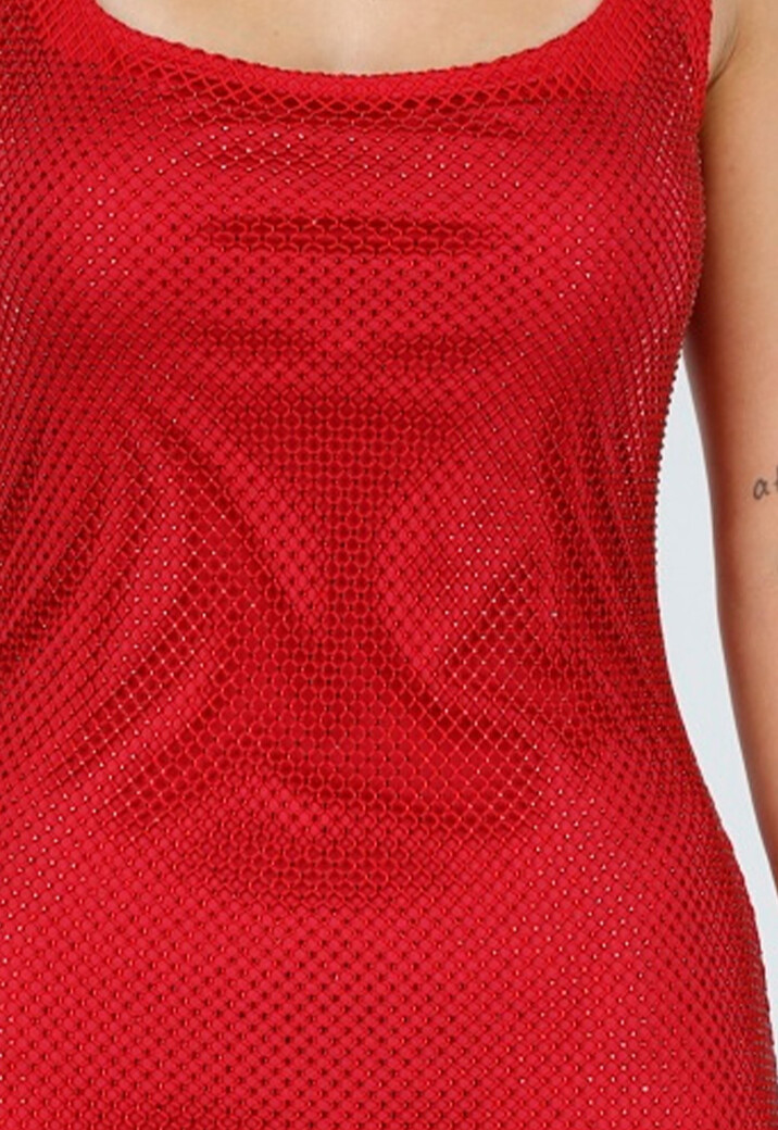 Rode Lange Glitter Jurk met Strass Steentjes en Lage Rug