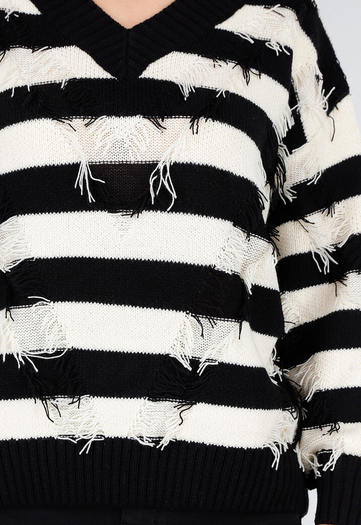 Gestreepte Trui met V-Hals en Rafel Details