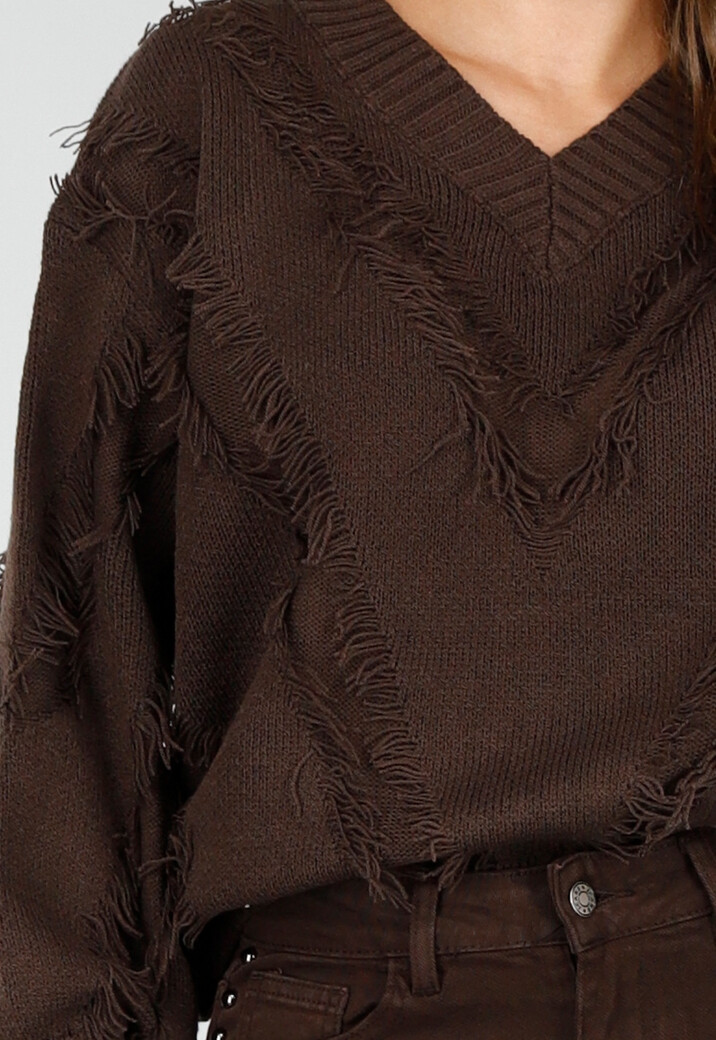 Bruine Trui met V-Hals en Rafel Details