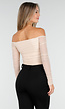 Beige Mesh Off Shoulder Top met Stretch en Lange Mouwen