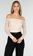 Beige Mesh Off Shoulder Top met Stretch en Lange Mouwen