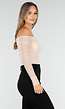 Beige Mesh Off Shoulder Top met Stretch en Lange Mouwen