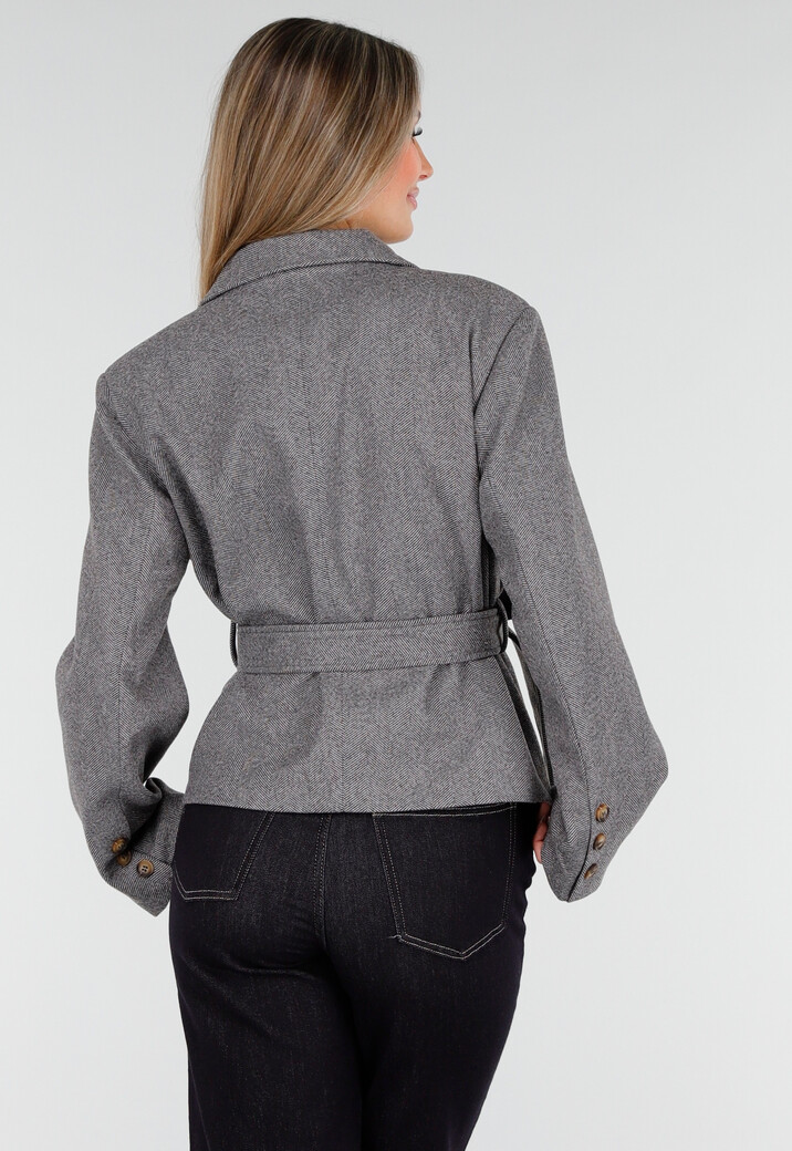 Grijze Korte Jas met Ceintuur en Revers