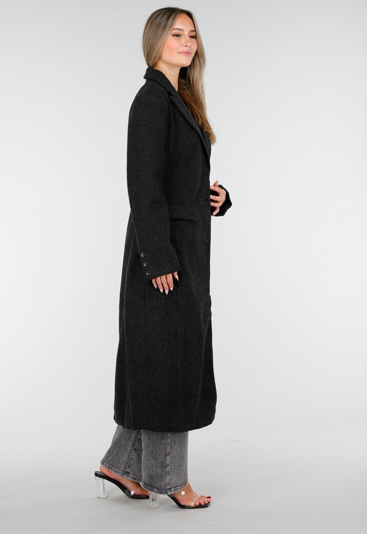 Zwarte Manteljas met Revers en Knopen