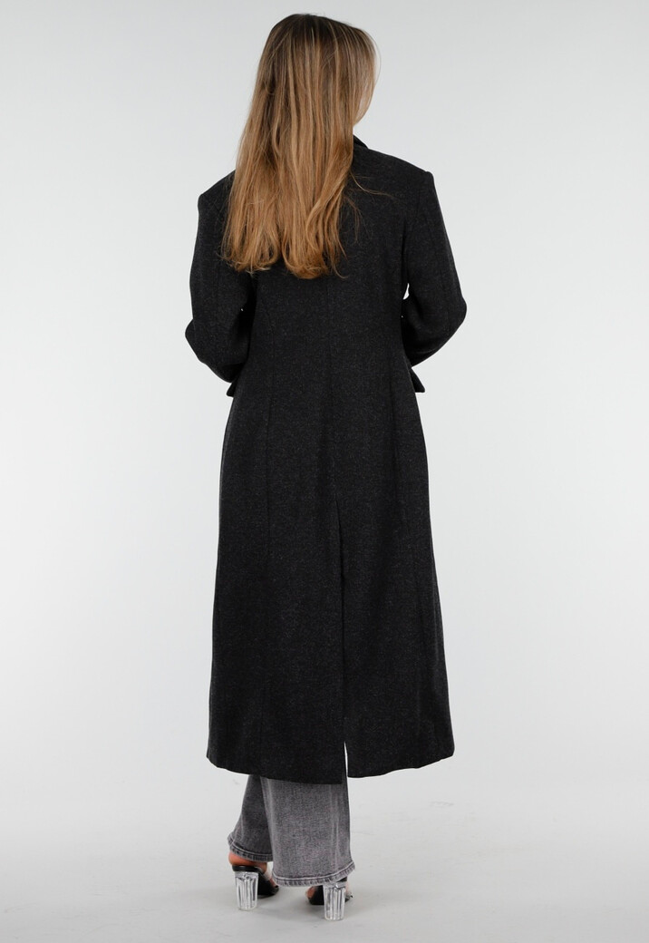 Zwarte Manteljas met Revers en Knopen