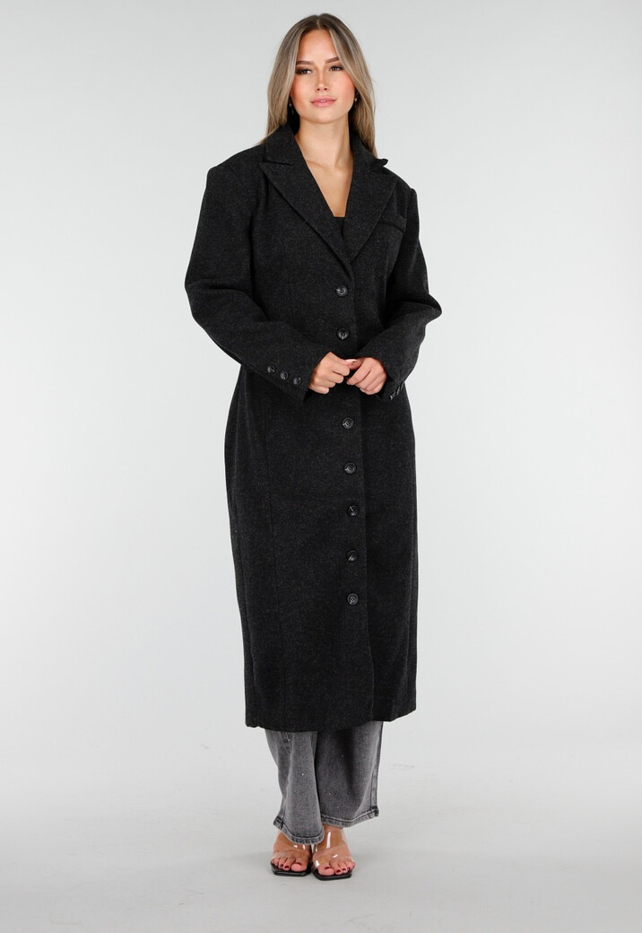 Zwarte Manteljas met Revers en Knopen