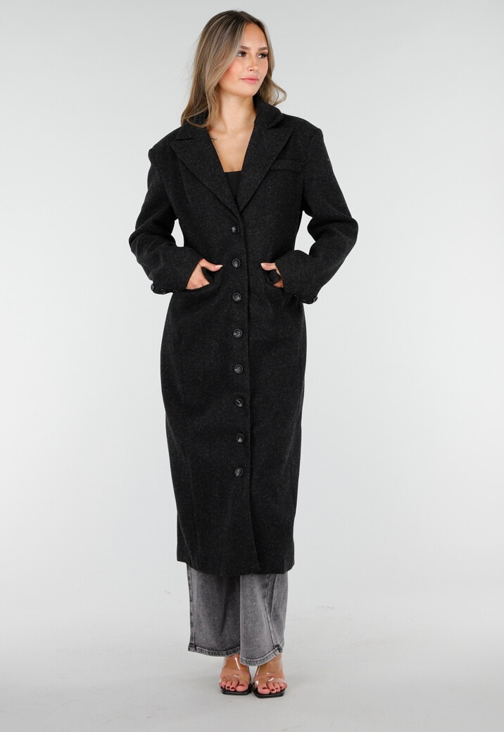 Zwarte Manteljas met Revers en Knopen