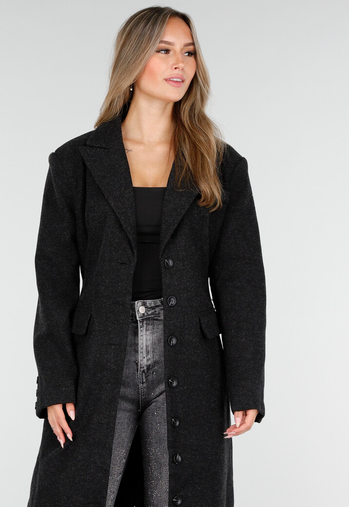 Zwarte Manteljas met Revers en Knopen