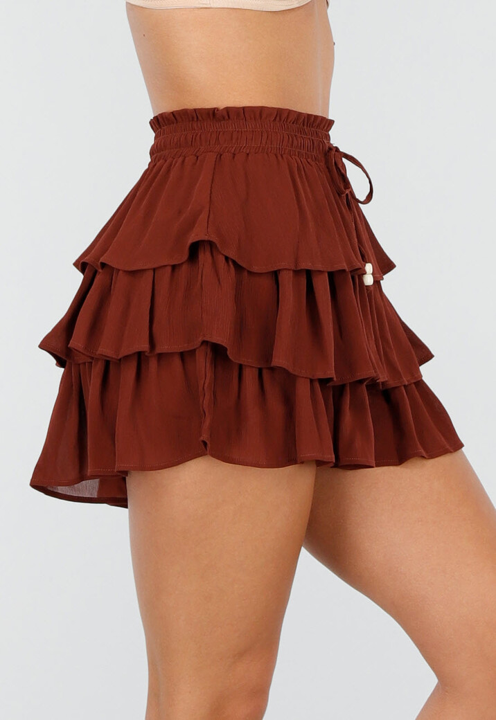 Bruine Skort met Ruches en Stretch