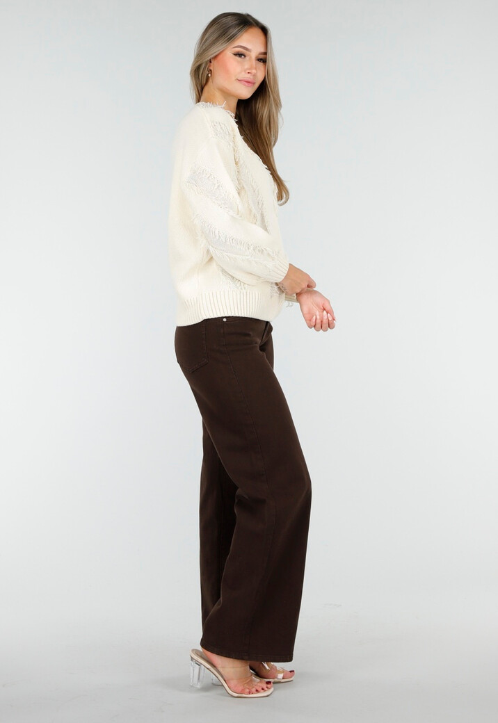 Crèmekleurig Trui met V-Hals en Rafel Details