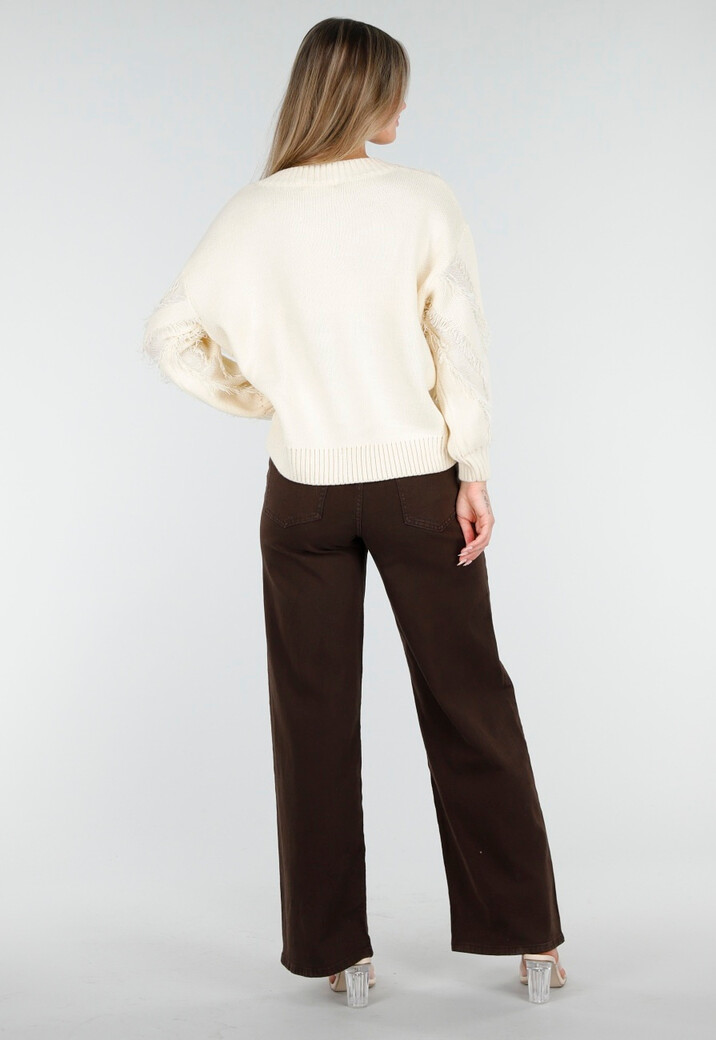 Crèmekleurig Trui met V-Hals en Rafel Details