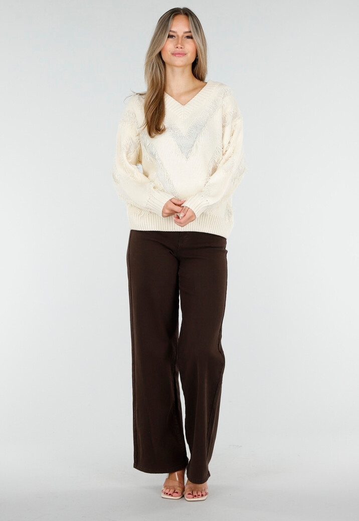 Crèmekleurig Trui met V-Hals en Rafel Details