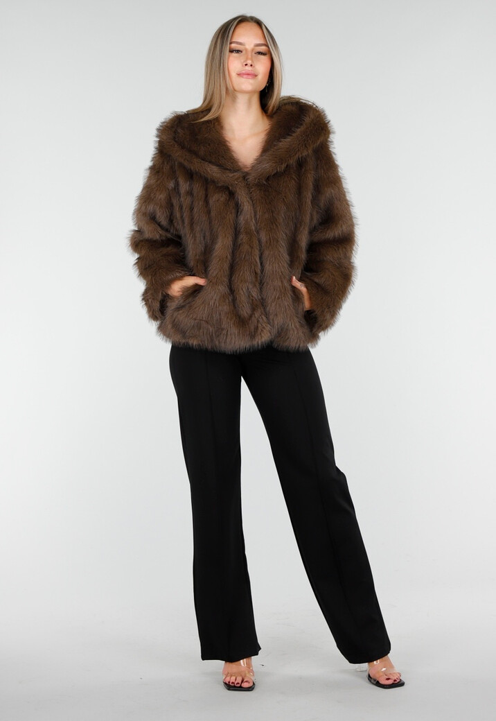Bruine Faux Fur Jas met Capuchon