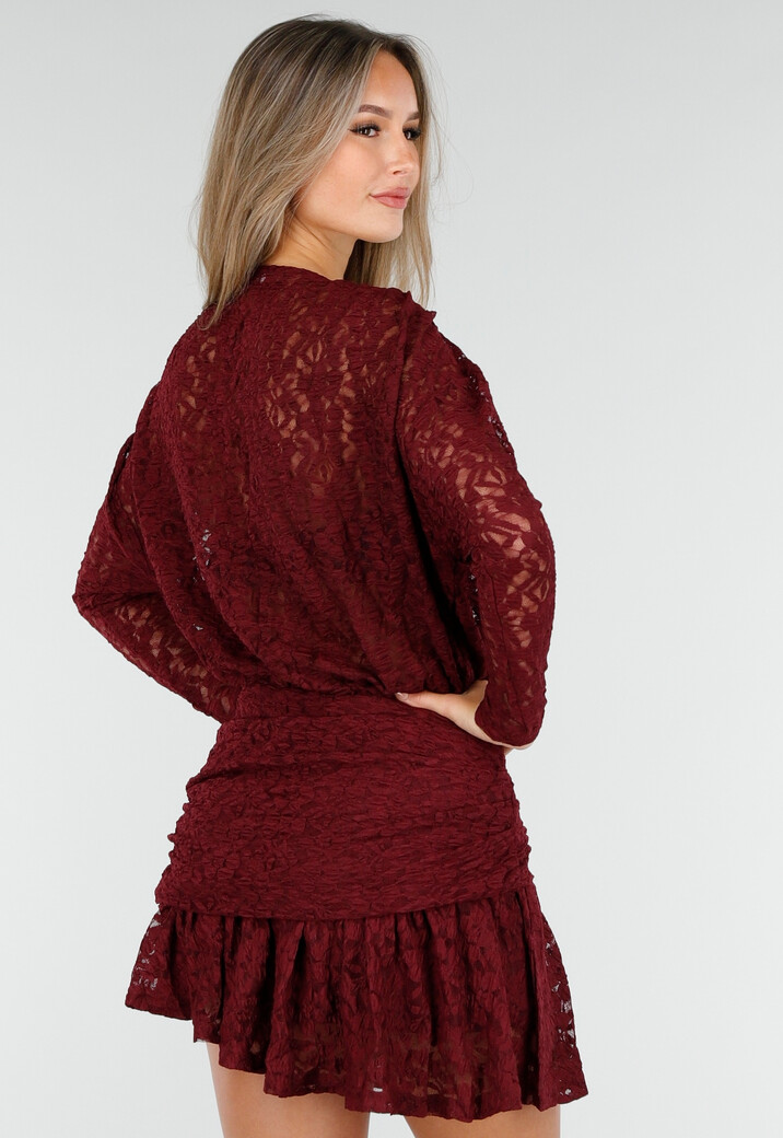 Bordeaux Kant Jurk met Lange Mouwen en Stretch