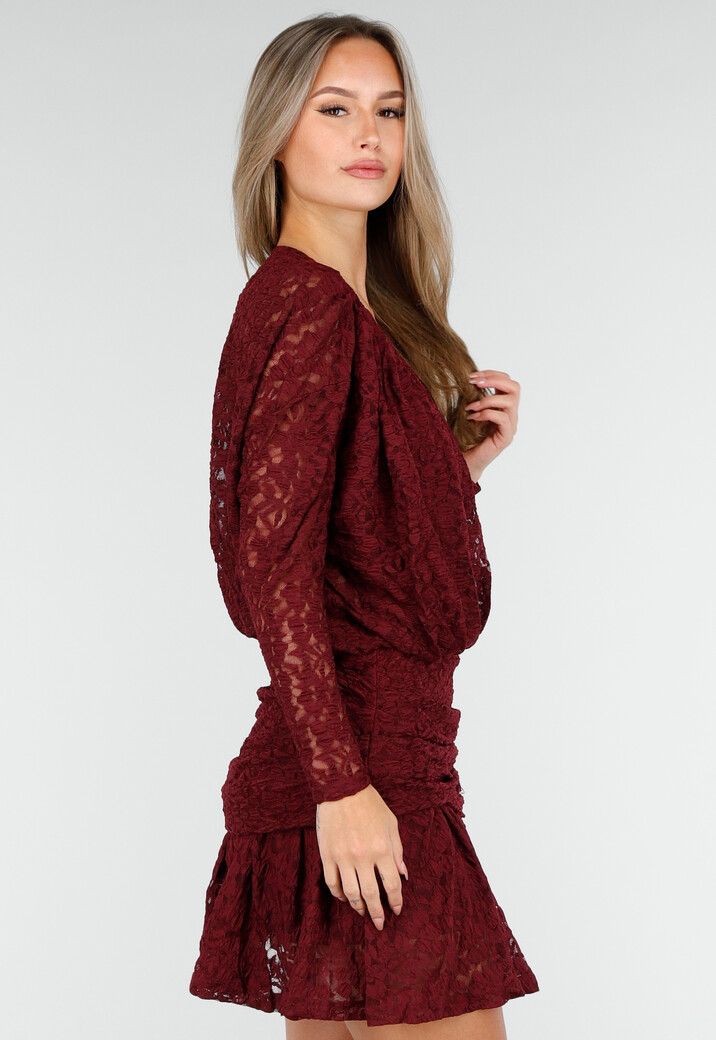 Bordeaux Kant Jurk met Lange Mouwen en Stretch