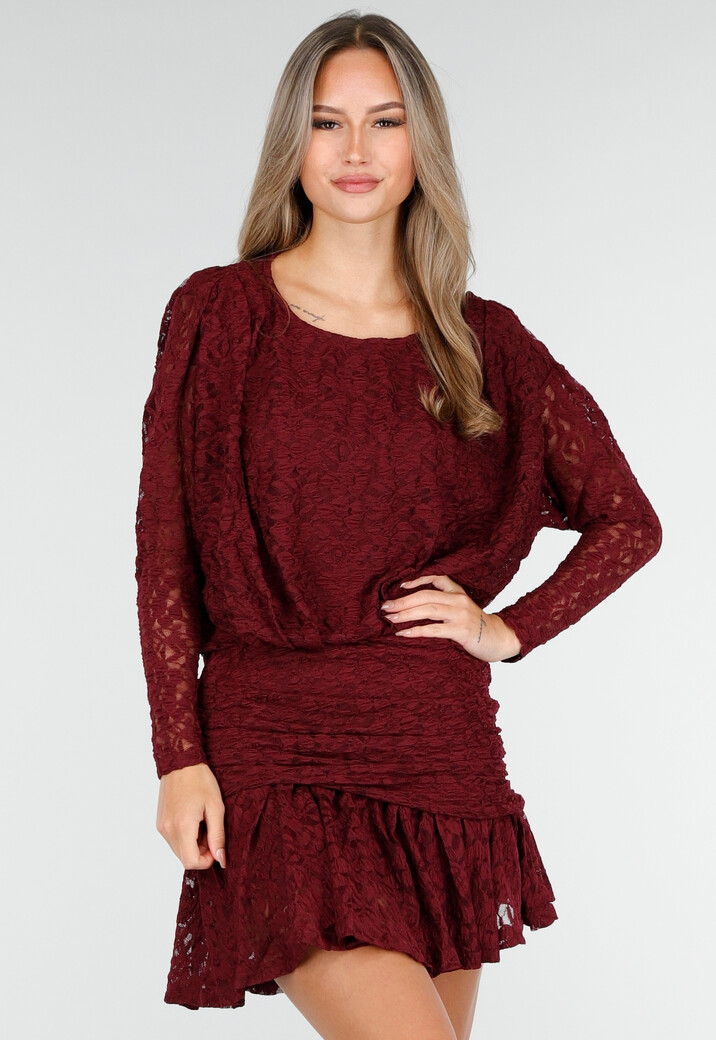Bordeaux Kant Jurk met Lange Mouwen en Stretch