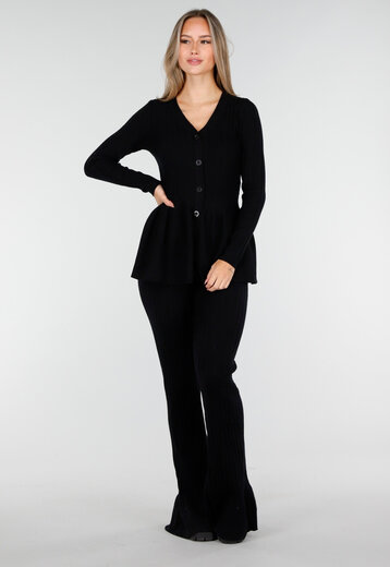 Zwart Geribde Stretch Two-Piece Set