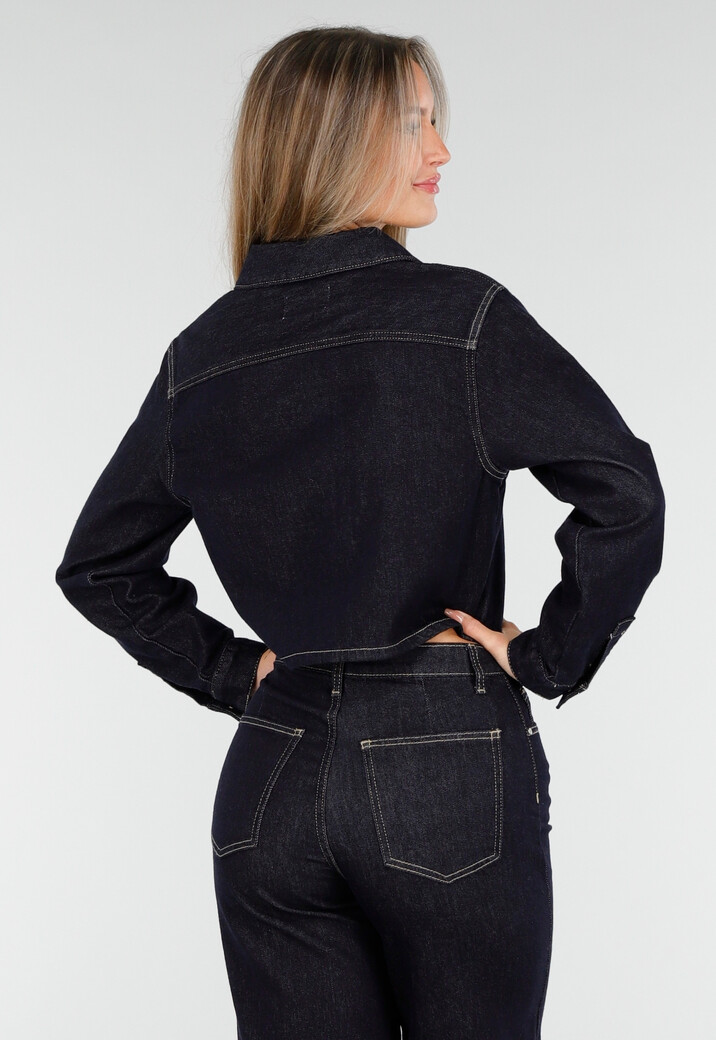 Cropped Denim Blouse in Donkerblauw Met Lange Mouwen