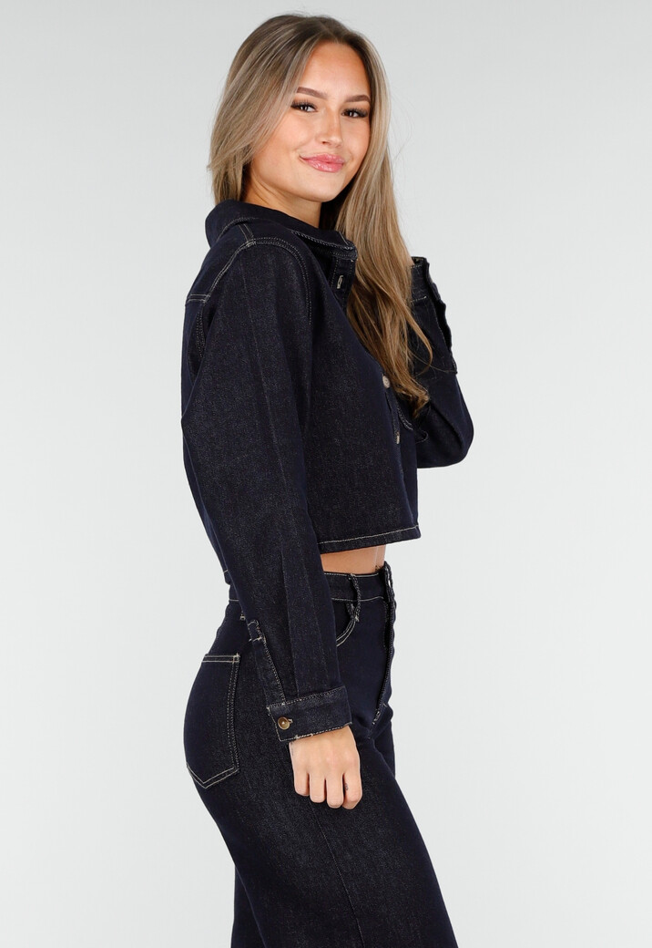 Cropped Denim Blouse in Donkerblauw Met Lange Mouwen