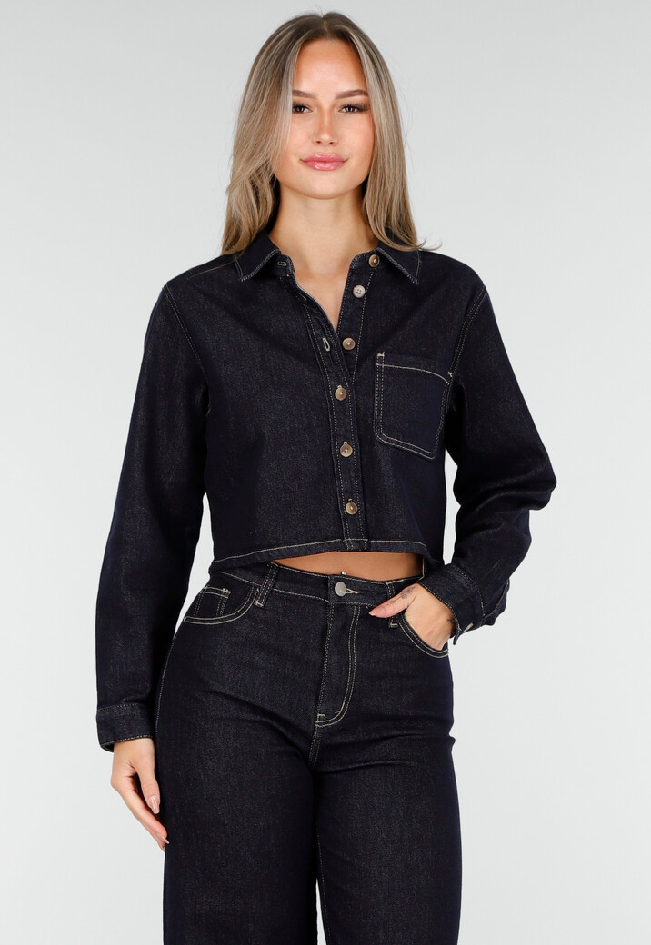Cropped Denim Blouse in Donkerblauw Met Lange Mouwen