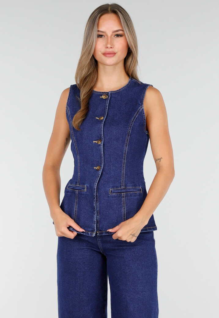 Mouwloze Denim Top in Blauw Met Knoopsluiting