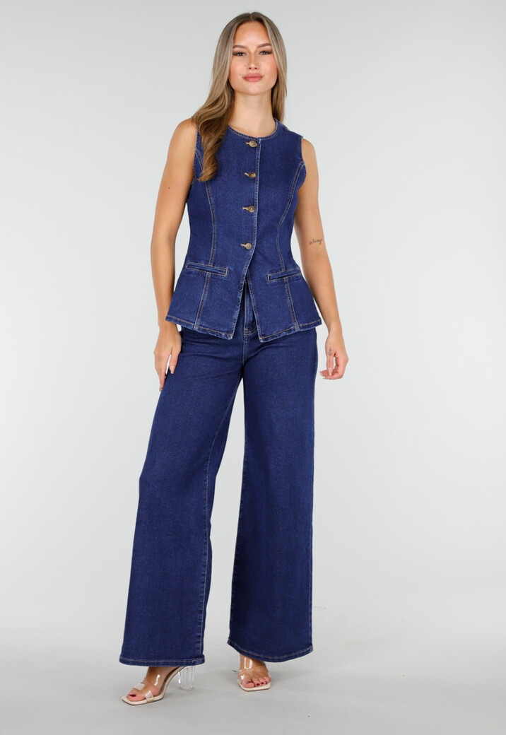 Mouwloze Denim Top in Blauw Met Knoopsluiting