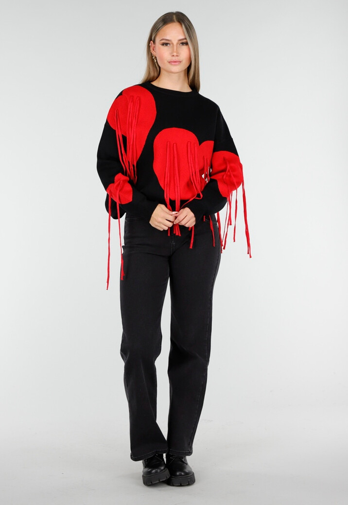 Zwarte Trui met Rode Hartprint en Franjes