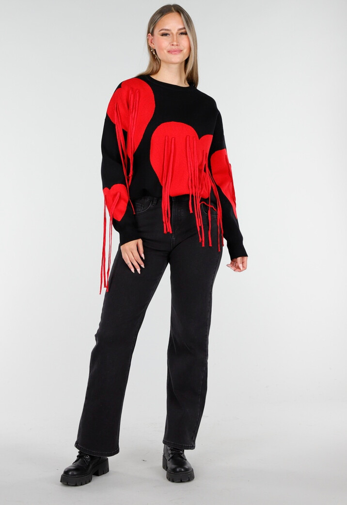 Zwarte Trui met Rode Hartprint en Franjes