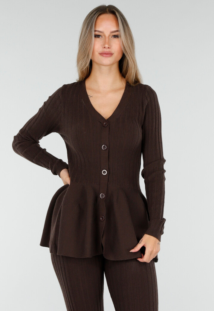 Bruine Stretch Two-Piece Set met Flared Broek en Knopen Top