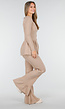 Beige Stretch Two-Piece Set met Flared Broek en Knopen Top