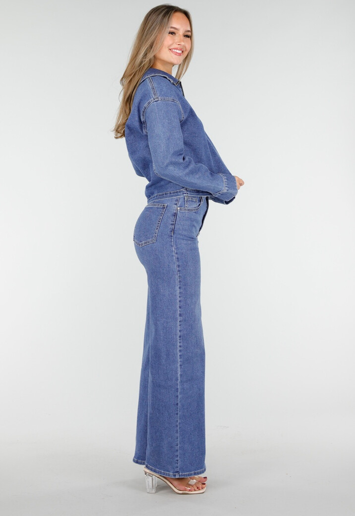 Denim Top met Halve Rits en Opstaande Kraag in Blauw