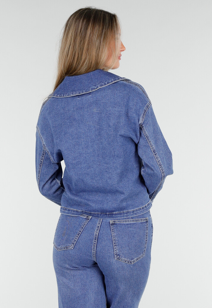 Denim Top met Halve Rits en Opstaande Kraag in Blauw