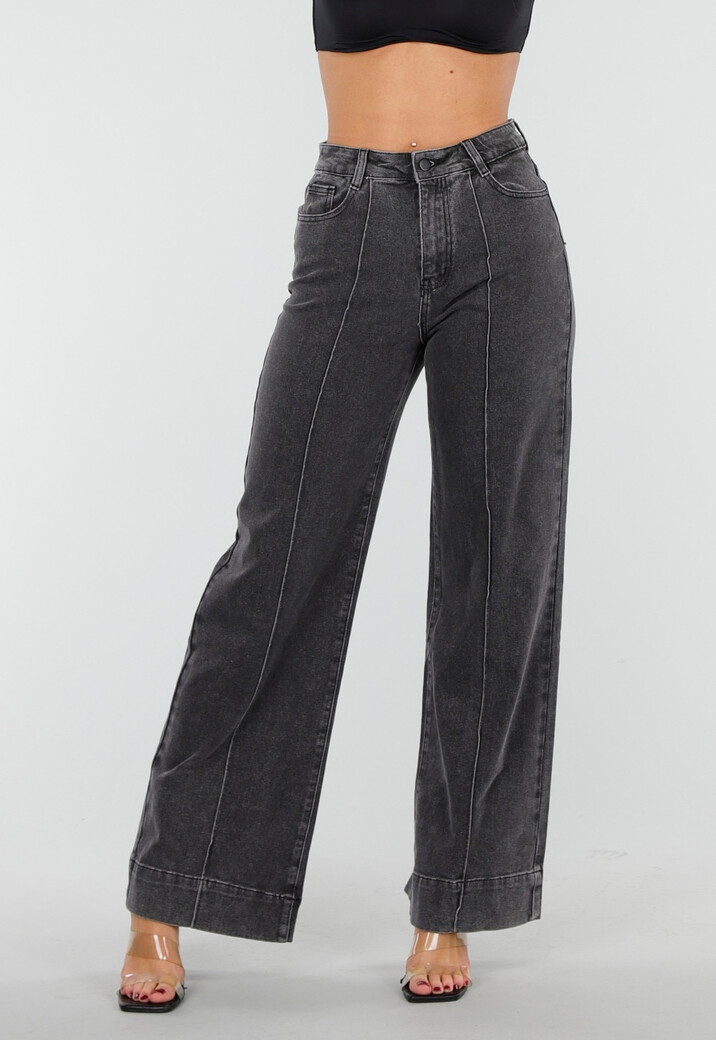 Grijze Wide Leg Jeans met Stretch en Verticale Naden