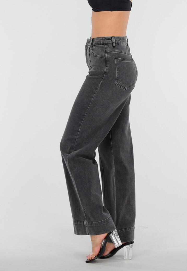 Grijze Wide Leg Jeans met Stretch en Verticale Naden